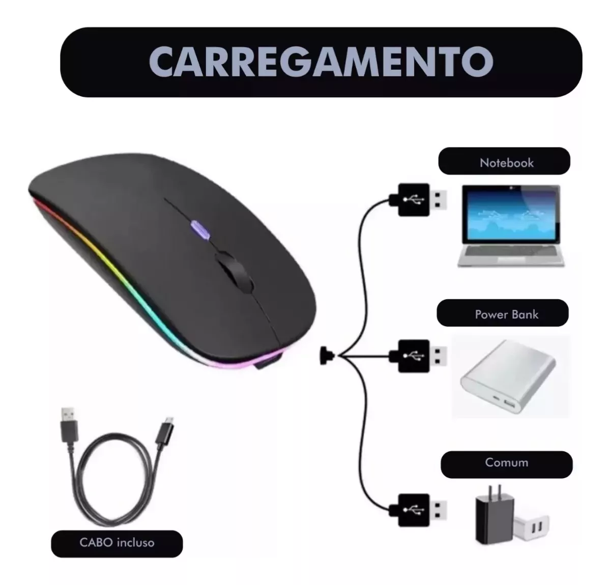 Mouse Sem Fio Wireless Recarregável Led Rgb